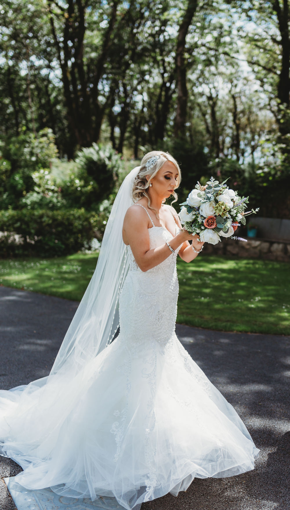 Dress Gown Bride Bridal Kenneth Winston Fishtail Fit Flare Straps Crug Glas Country House Wedding Simon Murray Images