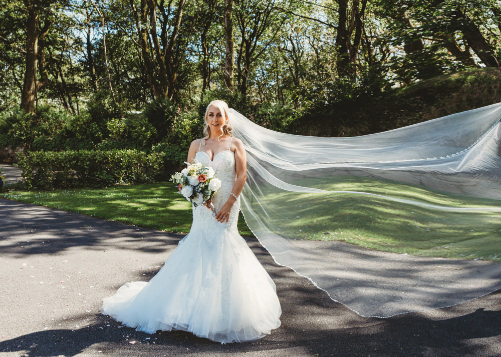 Dress Gown Bride Bridal Kenneth Winston Fishtail Fit Flare Straps Veil Crug Glas Country House Wedding Simon Murray Images