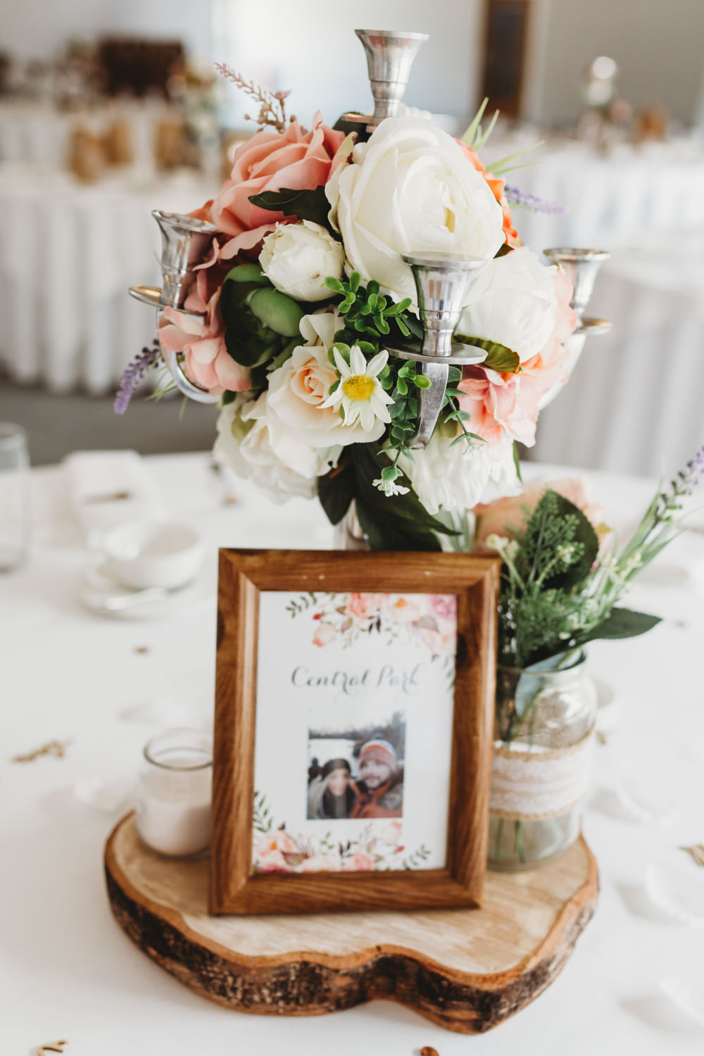 Table Centrepiece Decor Flowers Log Slice Frame Table Name Crug Glas Country House Wedding Simon Murray Images