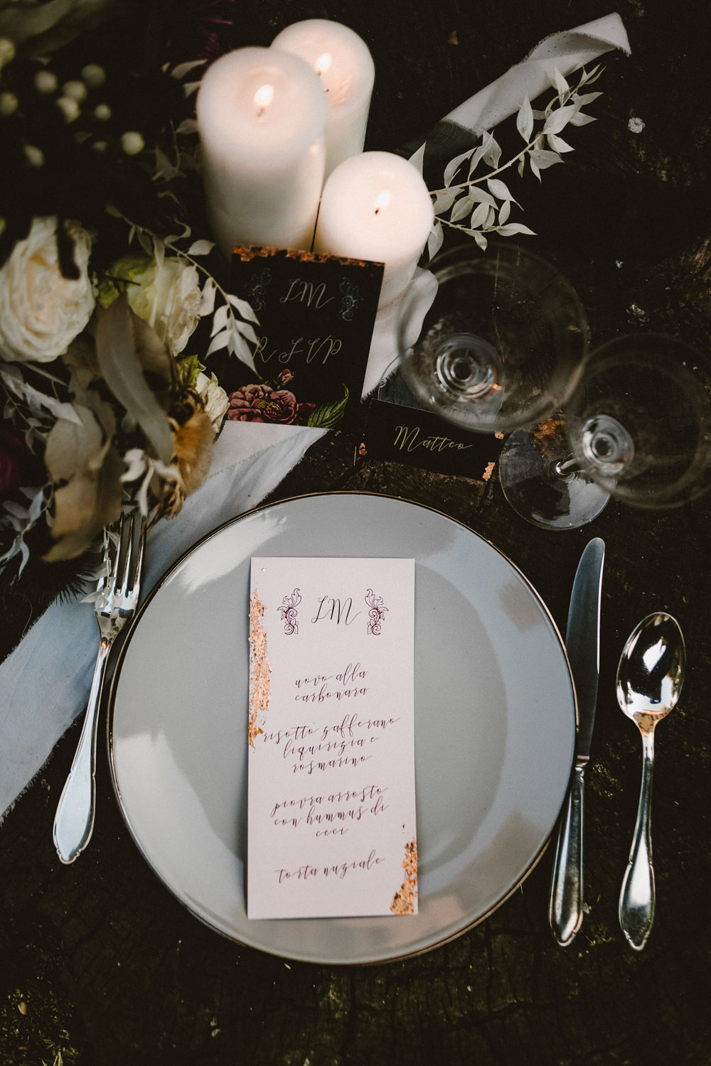 Place Setting Table DEcor Menu Flowers Candles Ethereal Candlelit Wedding Ideas Ortica Wedding