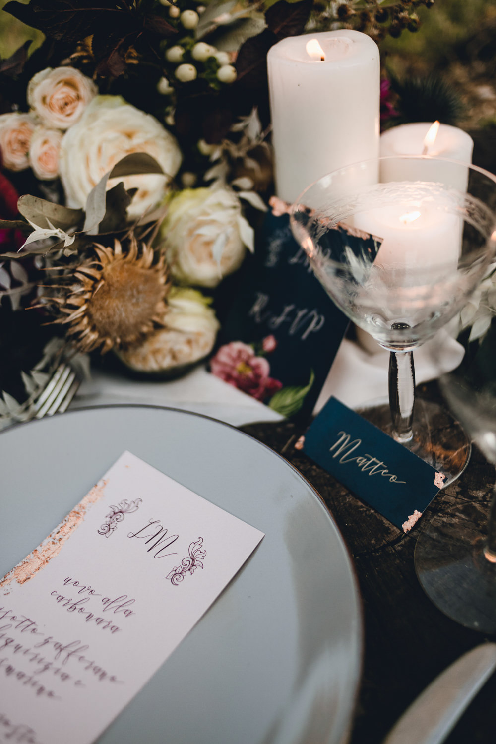 Place Setting Table DEcor Menu Flowers Candles Ethereal Candlelit Wedding Ideas Ortica Wedding