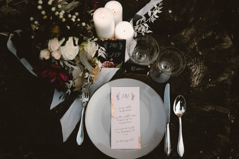 Place Setting Table DEcor Menu Flowers Candles Ethereal Candlelit Wedding Ideas Ortica Wedding