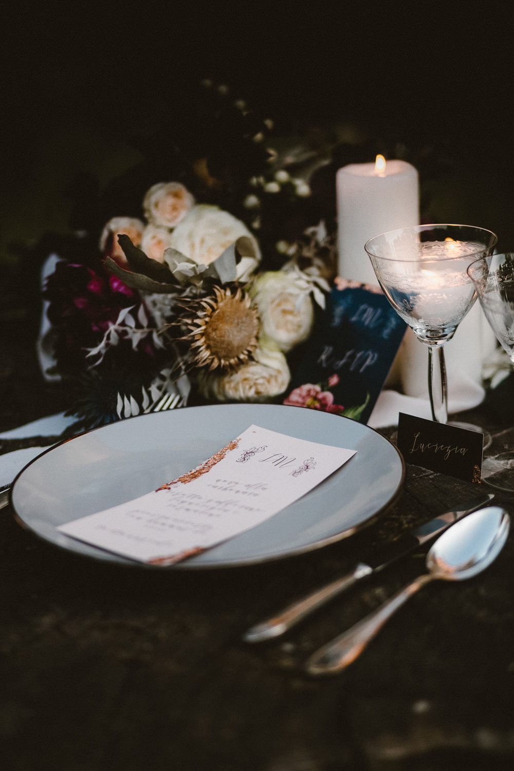 Place Setting Table DEcor Menu Flowers Candles Ethereal Candlelit Wedding Ideas Ortica Wedding
