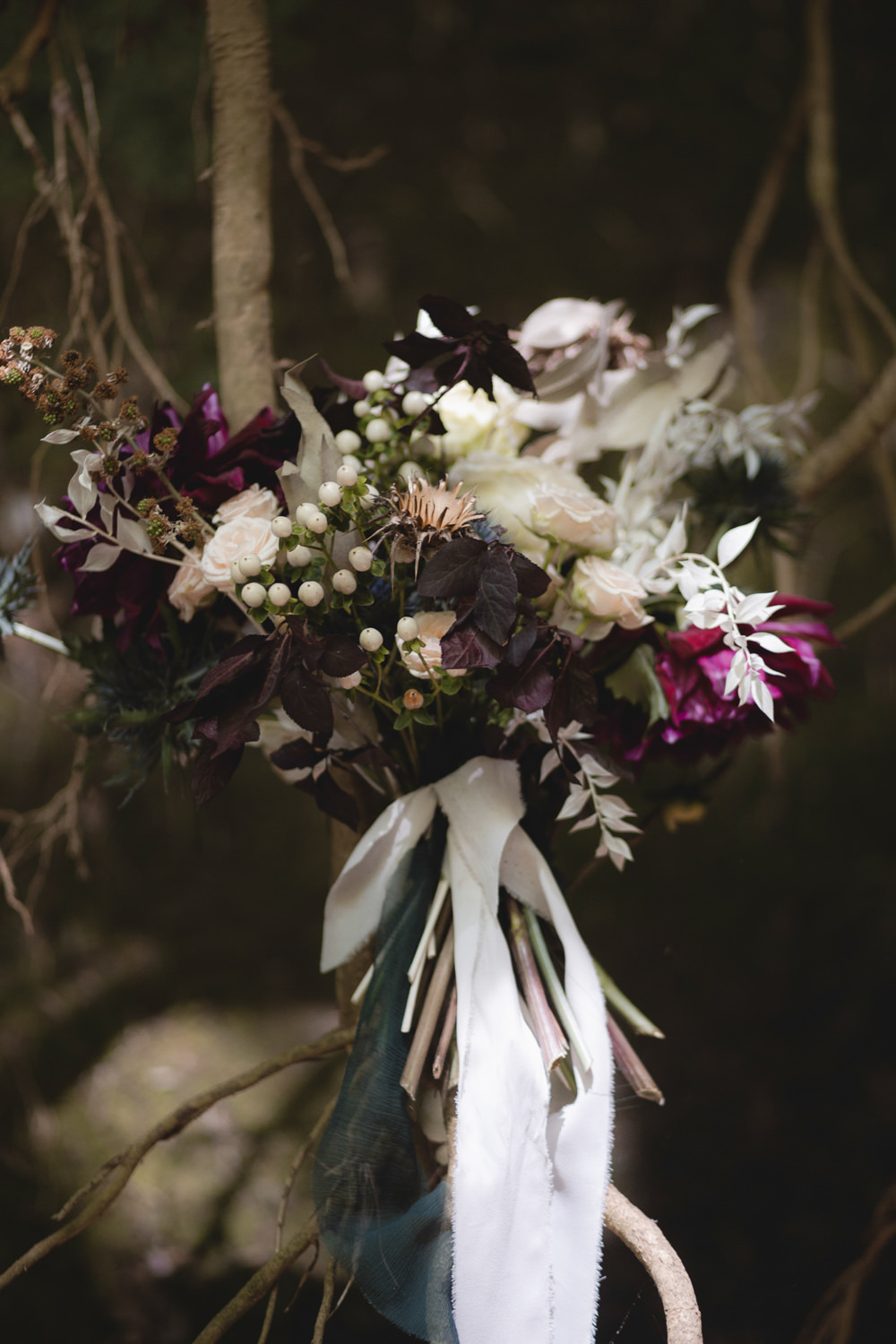 Bouquet Flowers Bride Bridal Rose Dahlia Thistle Ribbon Ethereal Candlelit Wedding Ideas Ortica Wedding