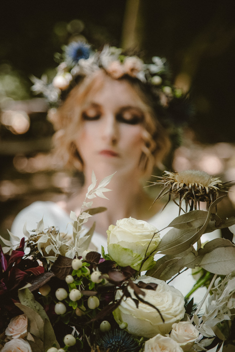 Bouquet Flowers Bride Bridal Rose Dahlia Thistle Ribbon Ethereal Candlelit Wedding Ideas Ortica Wedding