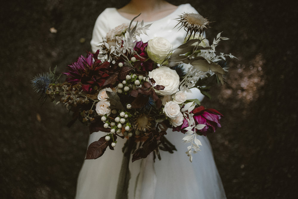 Bouquet Flowers Bride Bridal Rose Dahlia Thistle Ribbon Ethereal Candlelit Wedding Ideas Ortica Wedding
