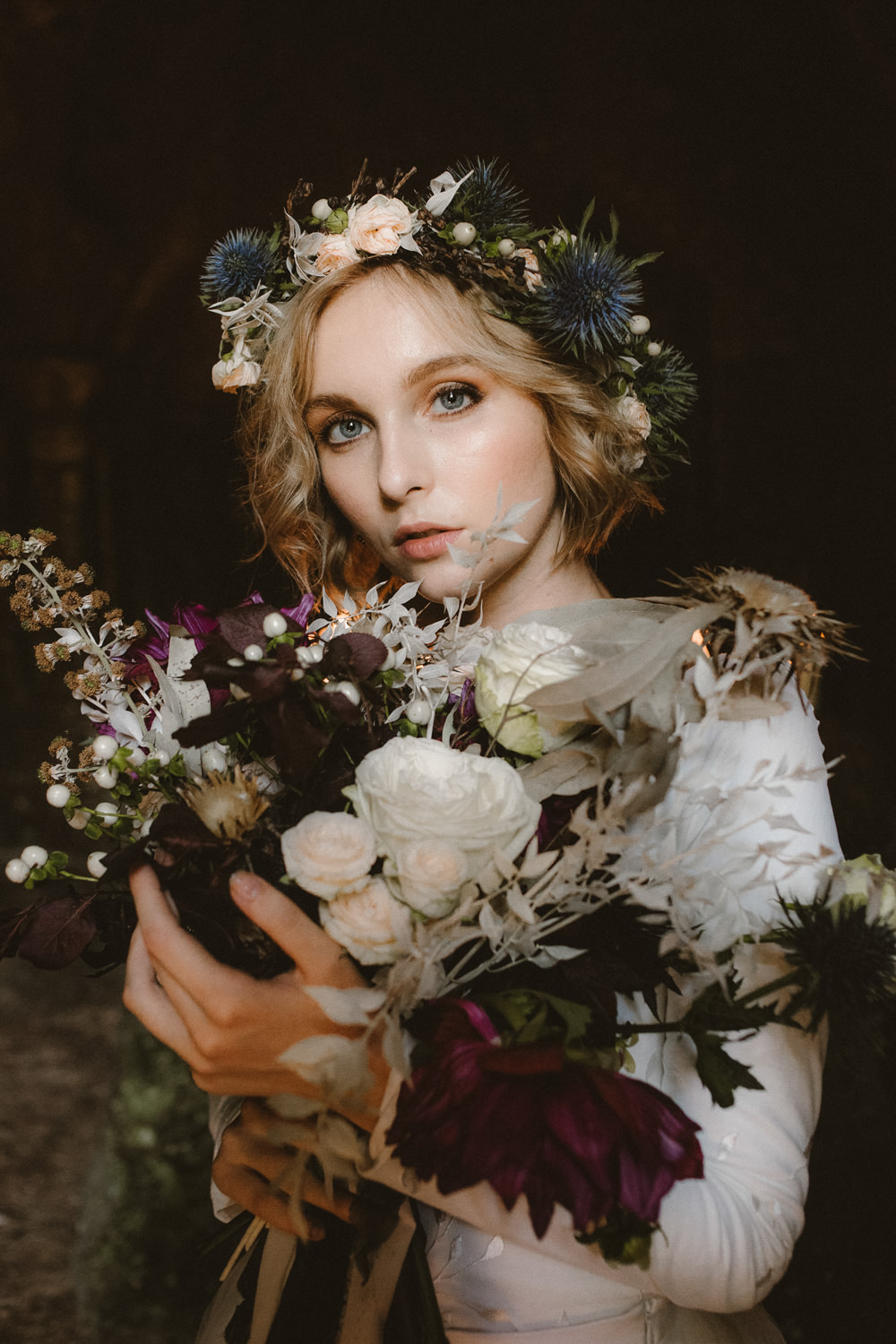 Bouquet Flowers Bride Bridal Rose Dahlia Thistle Ribbon Ethereal Candlelit Wedding Ideas Ortica Wedding