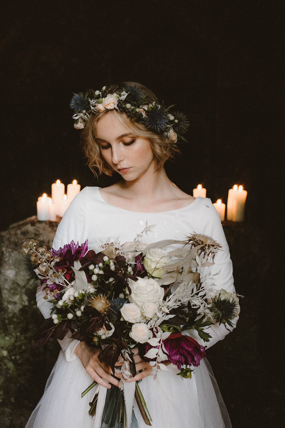 Bouquet Flowers Bride Bridal Rose Dahlia Thistle Ribbon Flower CrownEthereal Candlelit Wedding Ideas Ortica Wedding