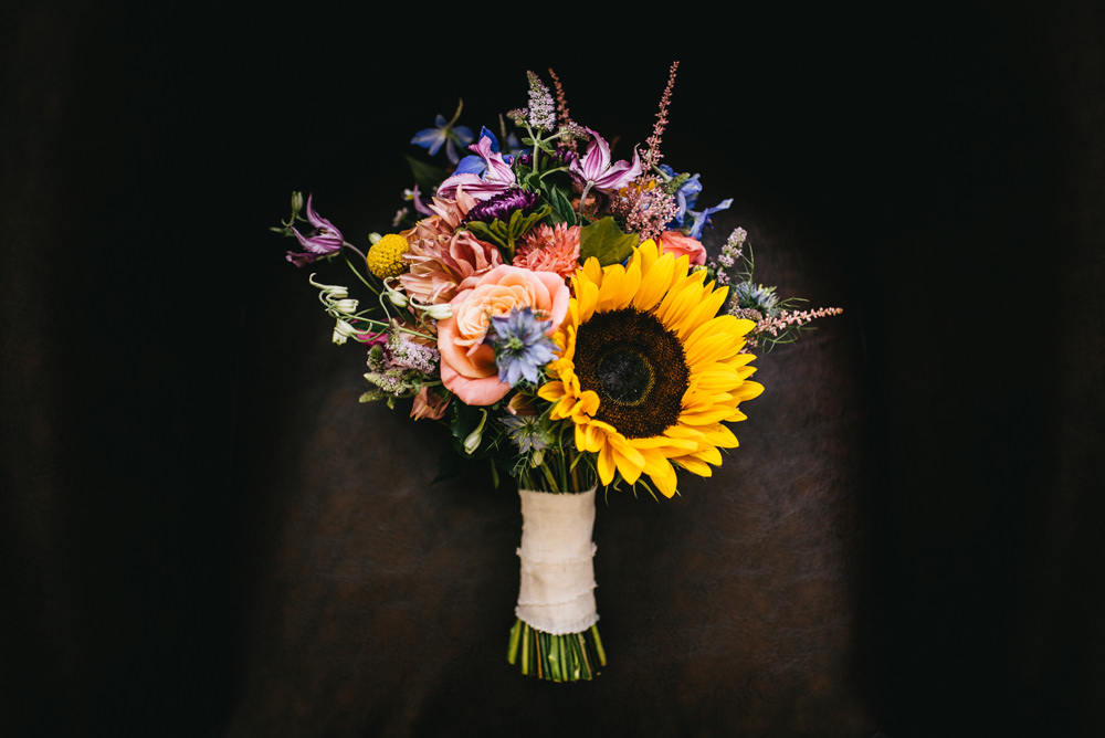 Bride Bridal Bouquet Flowers Sunflowers Rose Farm Wedding Alex Tenters Photography