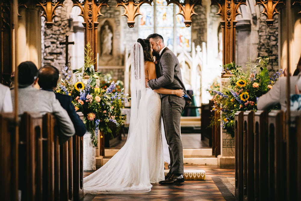 Flower Arrangement Flowers Milk Churn Colourful Sunflowers Aisle Church Ceremony Farm Wedding Alex Tenters Photography