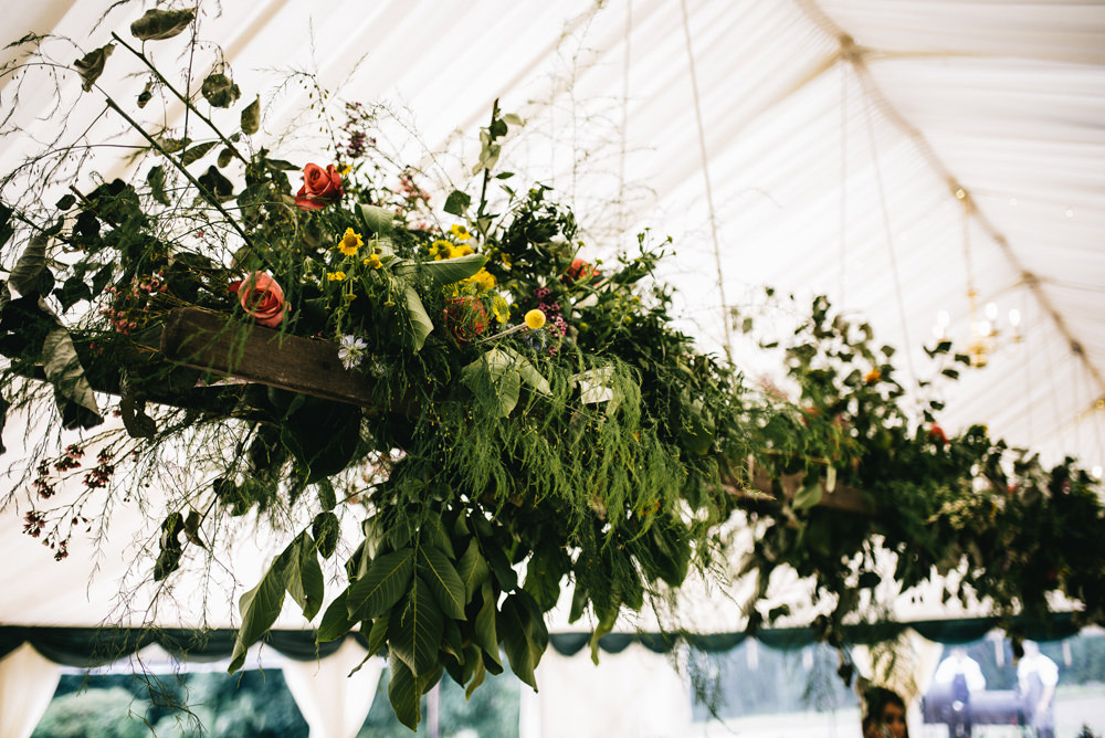 Hanging Flowers Suspended Marquee Greenery Foliage Farm Wedding Alex Tenters Photography