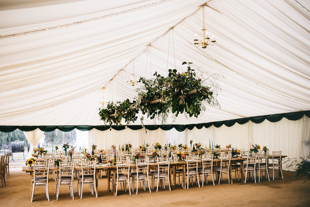 Hanging Flowers Suspended Marquee Greenery Foliage Farm Wedding Alex Tenters Photography