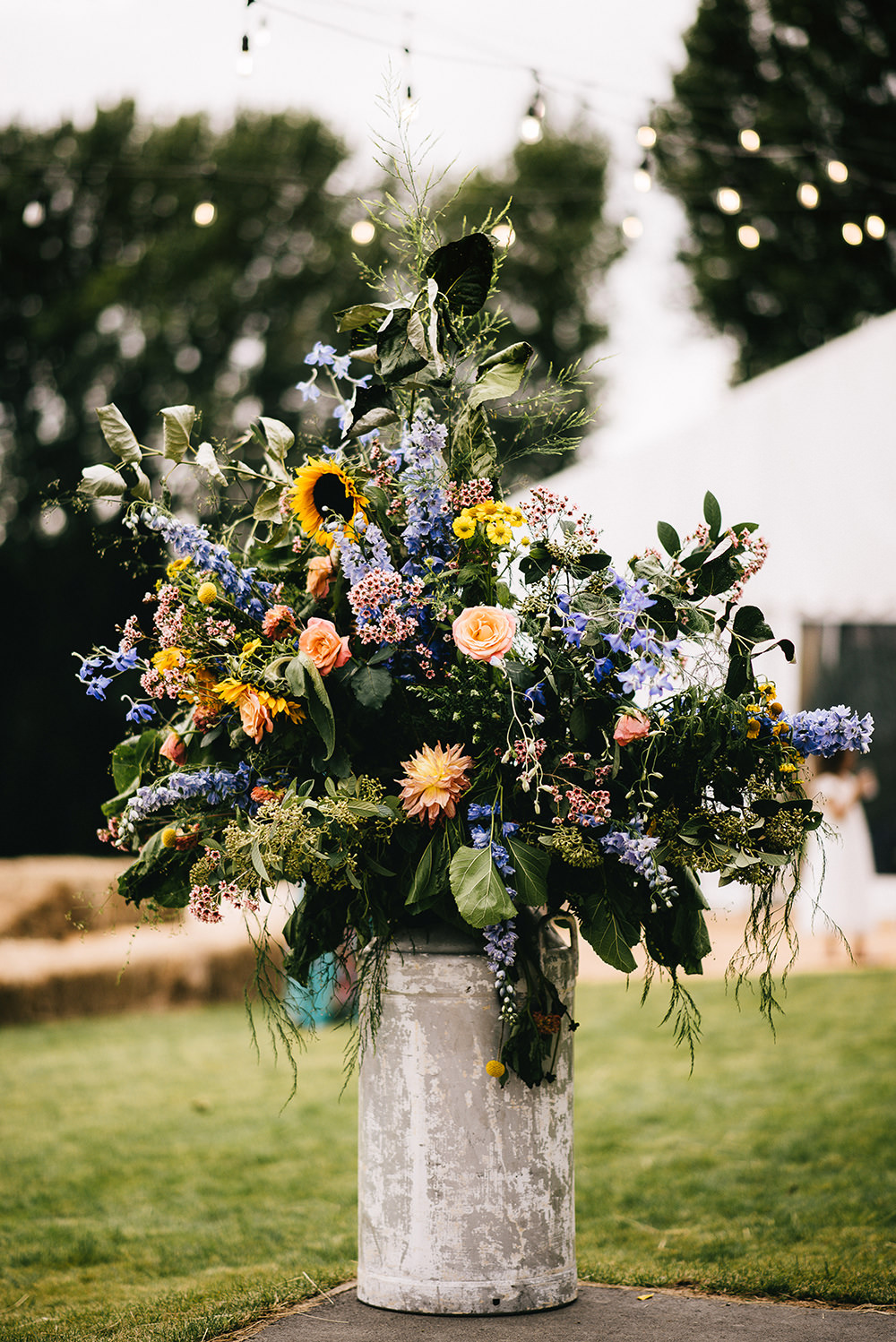 Flower Arrangement Flowers Milk Churn Colourful Sunflowers Farm Wedding Alex Tenters Photography