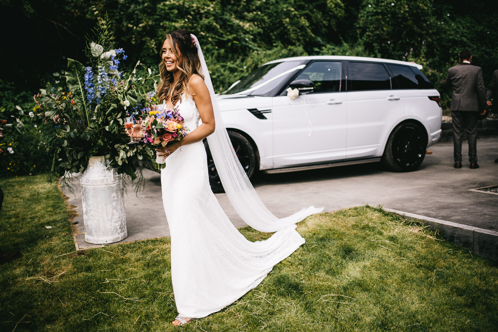 Dress Gown Bride Bridal Sleek Lace Trim Train Straps Veil Farm Wedding Alex Tenters Photography