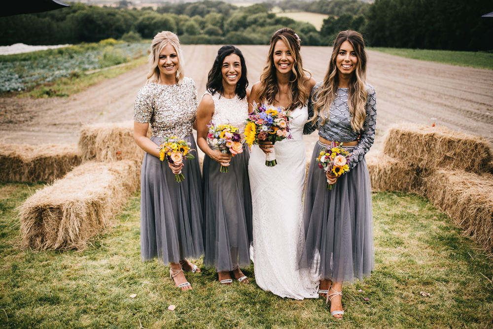 Bridesmaids Bridesmaid Dress Dresses Grey Skirt Glitter Sequin Tops Farm Wedding Alex Tenters Photography