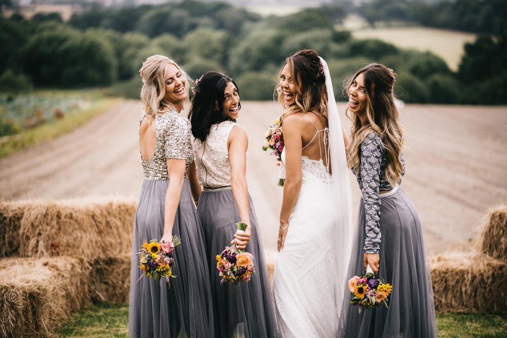 Bridesmaids Bridesmaid Dress Dresses Grey Skirt Glitter Sequin Tops Farm Wedding Alex Tenters Photography