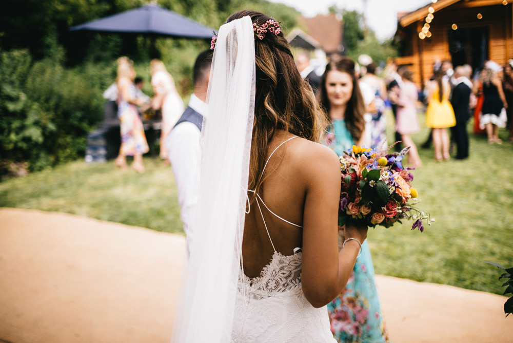 Dress Gown Bride Bridal Sleek Lace Trim Train Straps Veil Farm Wedding Alex Tenters Photography