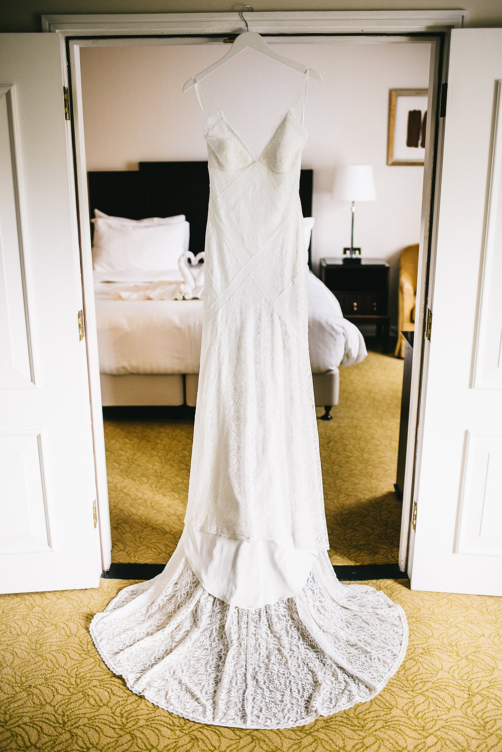Dress Gown Bride Bridal Sleek Lace Trim Train Straps Farm Wedding Alex Tenters Photography