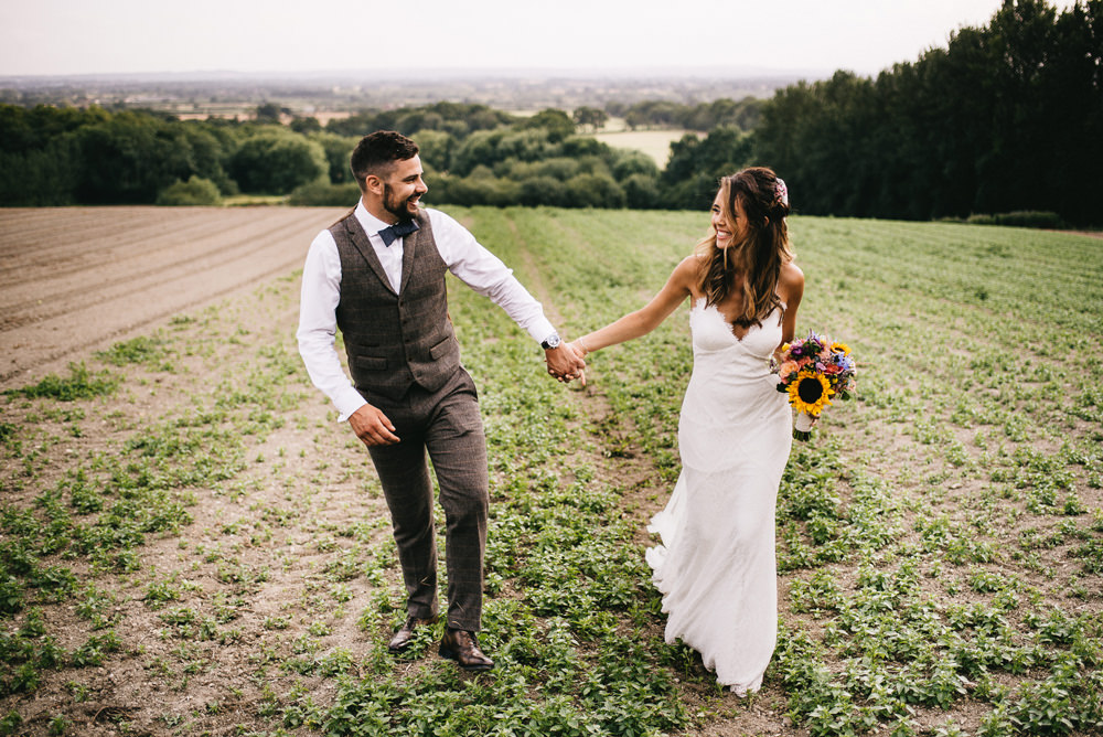 Groom Tweed Suit Bow Tie Waistcoat Farm Wedding Alex Tenters Photography