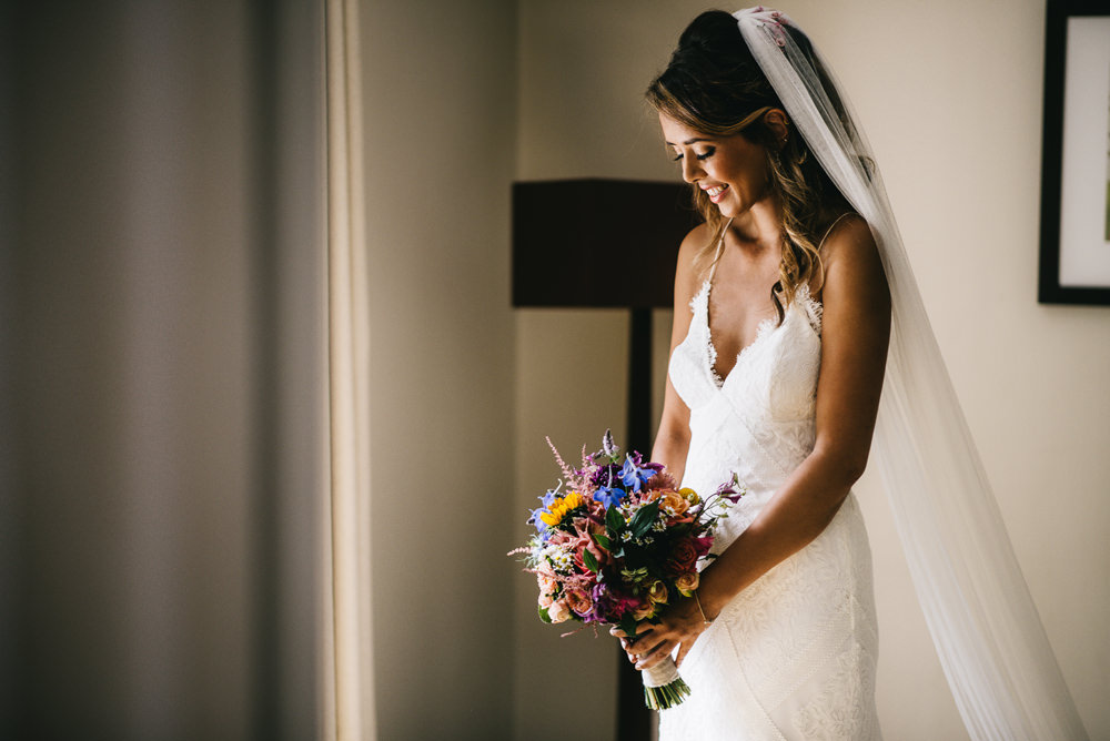 Dress Gown Bride Bridal Sleek Lace Trim Train Straps Veil Farm Wedding Alex Tenters Photography