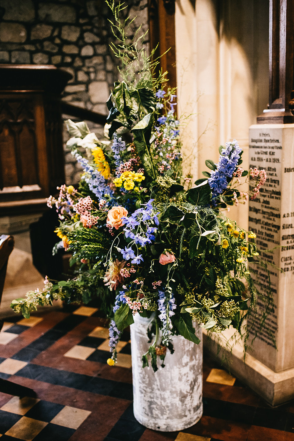 Flower Arrangement Flowers Milk Churn Colourful Sunflowers Farm Wedding Alex Tenters Photography
