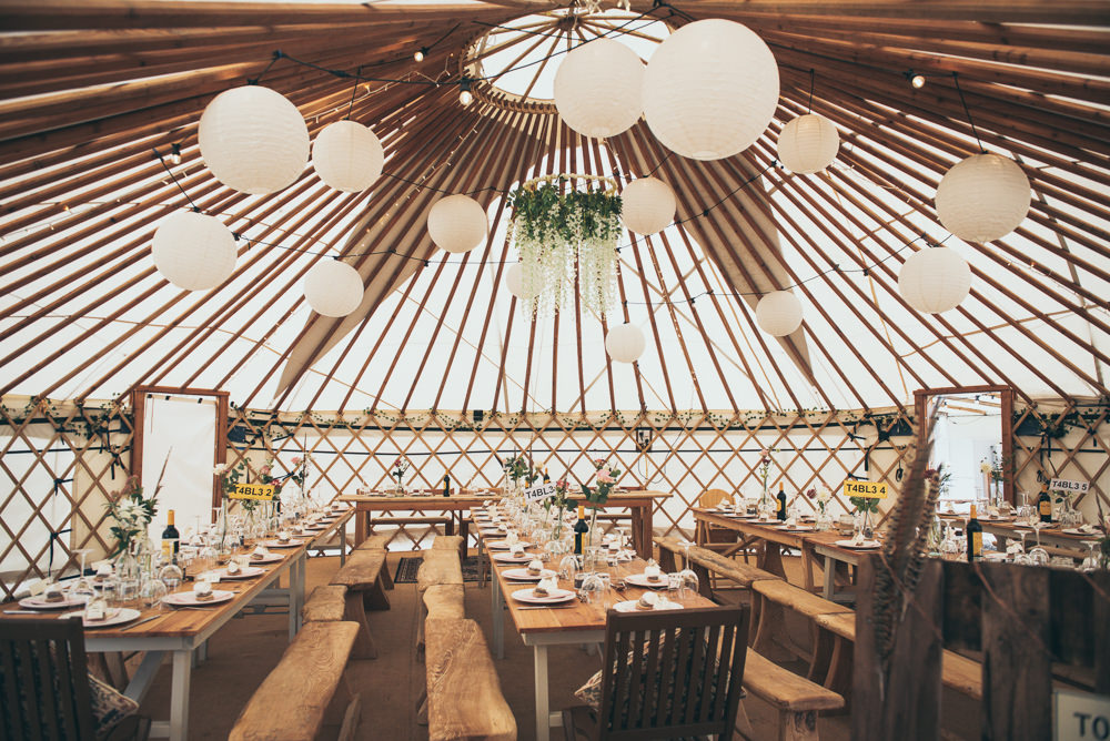 Reception Venue Lanterns Greenery Hoop Fron Farm Yurt Retreat Wedding Cat Arwel Photography