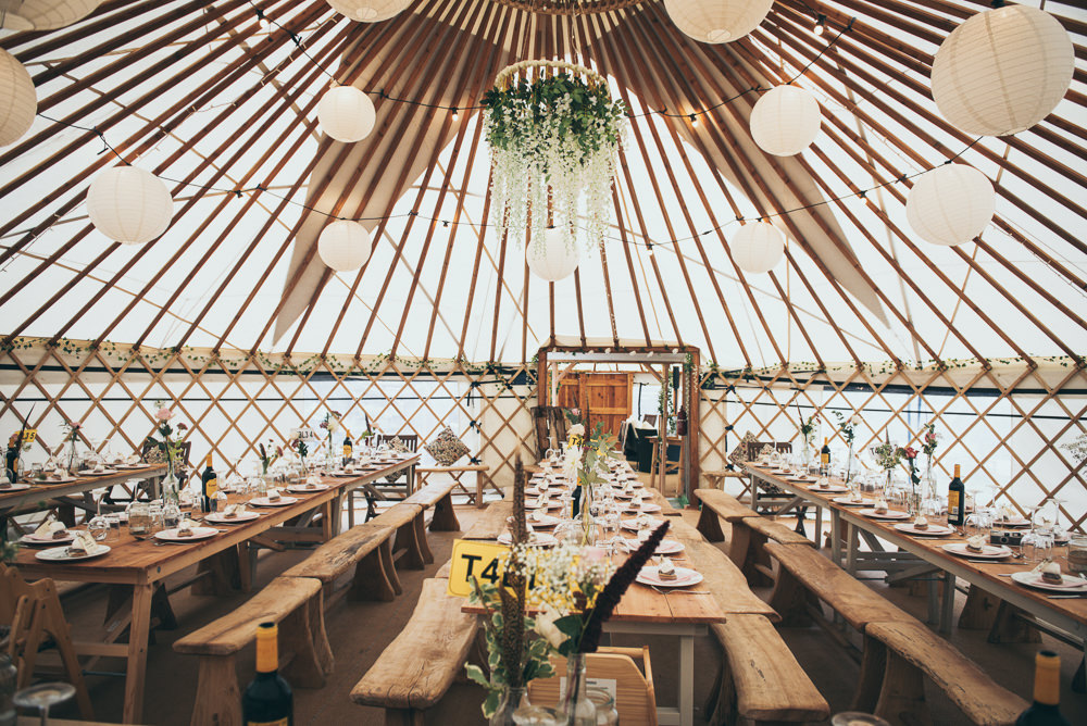 Reception Venue Lanterns Greenery Hoop Fron Farm Yurt Retreat Wedding Cat Arwel Photography