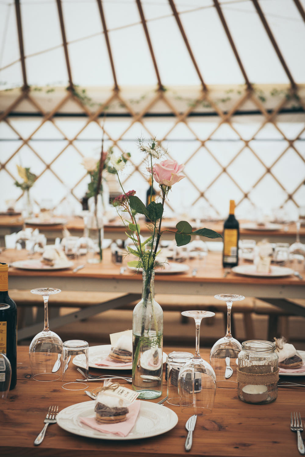 Rustic Wooden Tables Decor Decoration Flowers Bottles Fron Farm Yurt Retreat Wedding Cat Arwel Photography