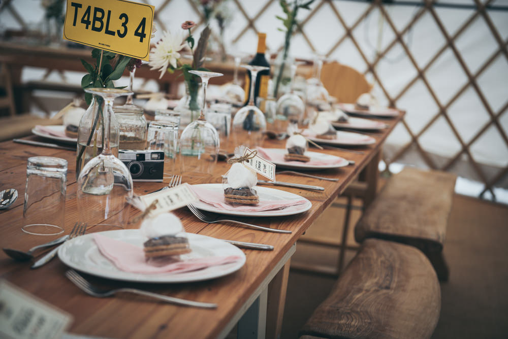 Rustic Wooden Tables Decor Decoration Flowers Bottles Fron Farm Yurt Retreat Wedding Cat Arwel Photography