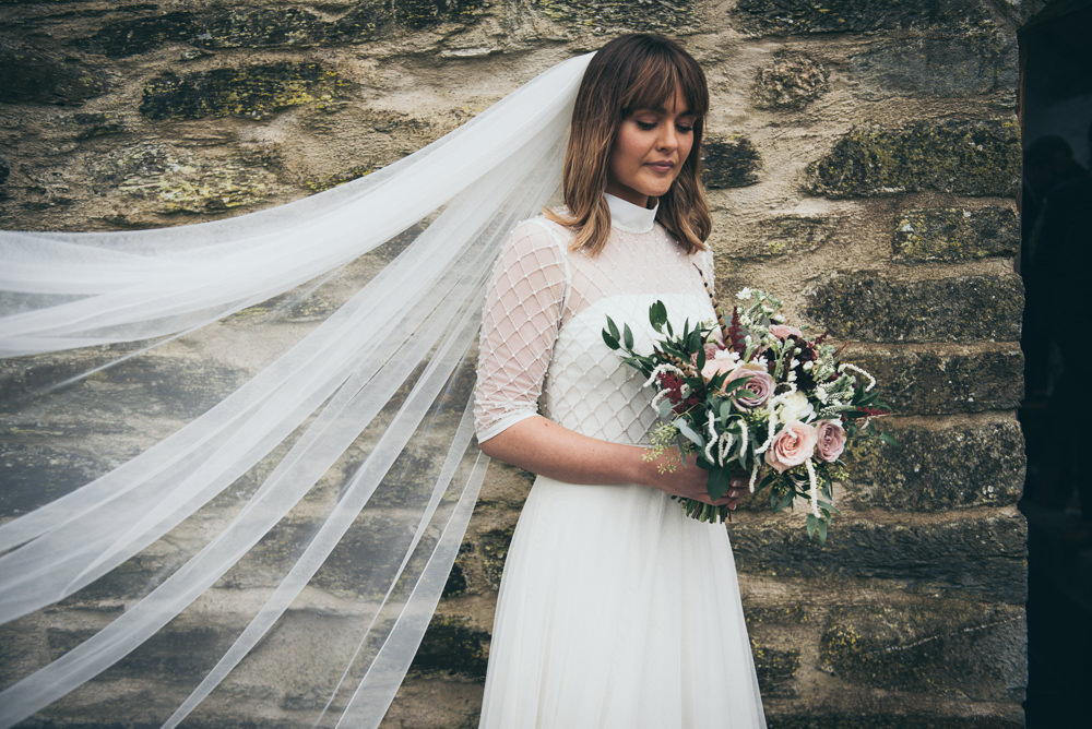 Dress Gown Bride Bridal Motee Maids Lace Sleeves Roll Neck High Neckline Collar Veil Fron Farm Yurt Retreat Wedding Cat Arwel Photography