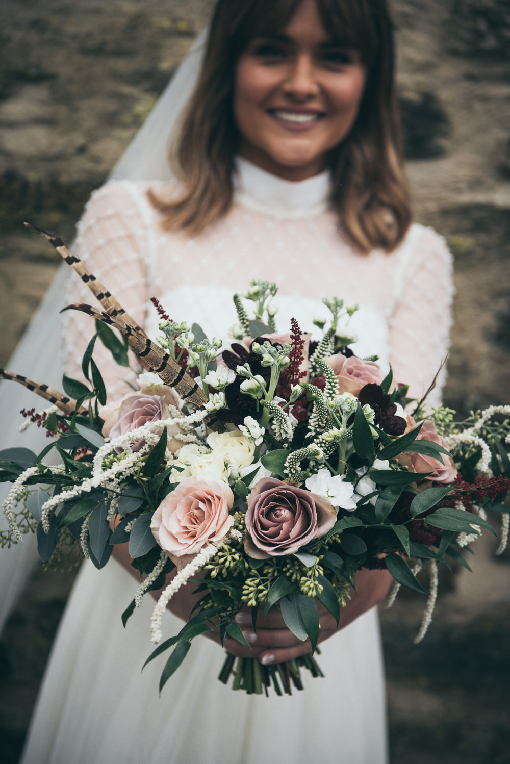 Bouquet Flowers Bride Bridal Dusky Pink Rose Feather Greenery Fron Farm Yurt Retreat Wedding Cat Arwel Photography