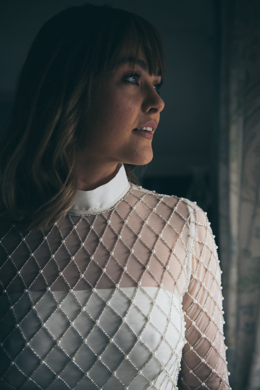 Dress Gown Bride Bridal Motee Maids Lace Sleeves Roll Neck High Neckline Collar Fron Farm Yurt Retreat Wedding Cat Arwel Photography