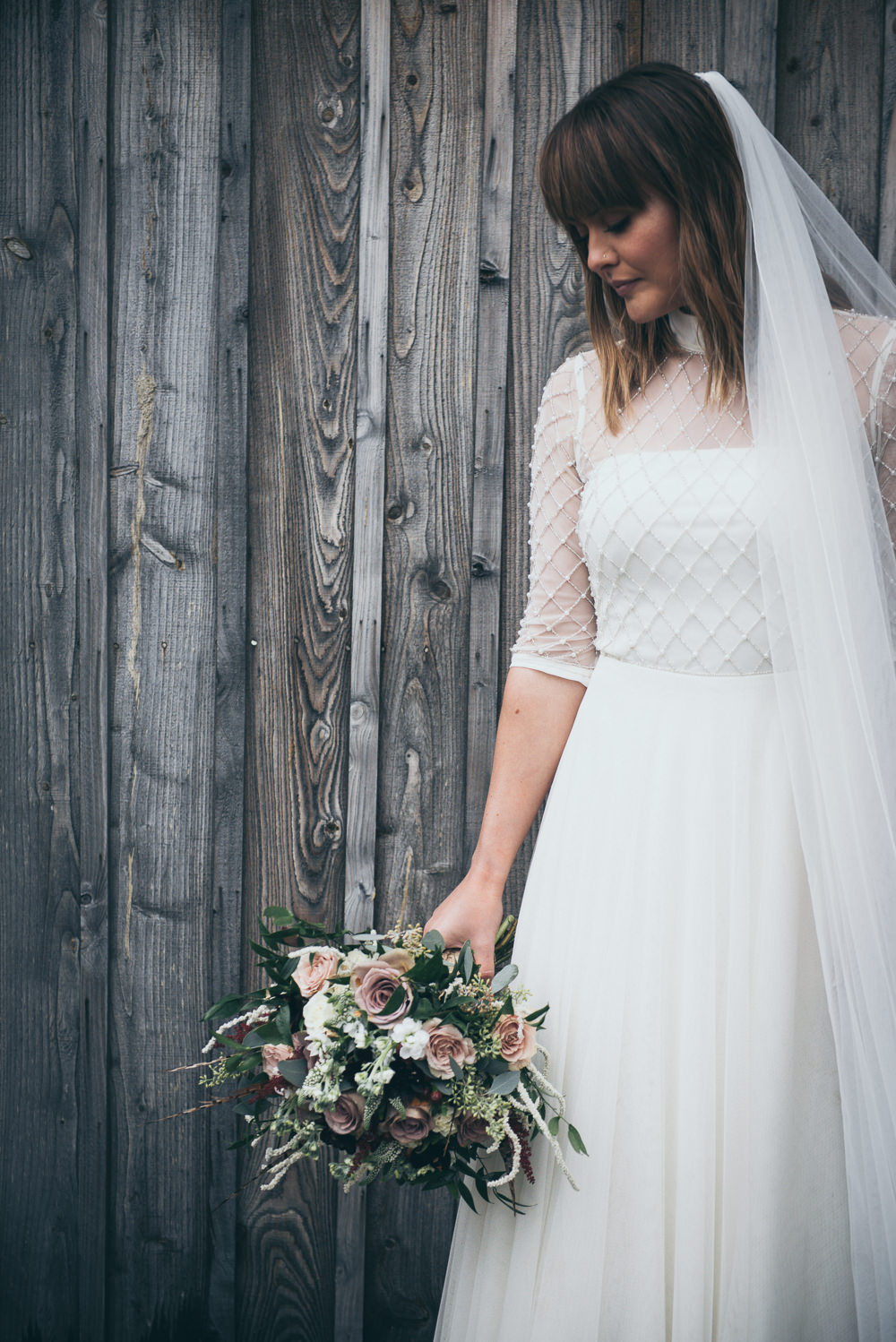 Dress Gown Bride Bridal Motee Maids Lace Sleeves Roll Neck High Neckline Collar Veil Fron Farm Yurt Retreat Wedding Cat Arwel Photography