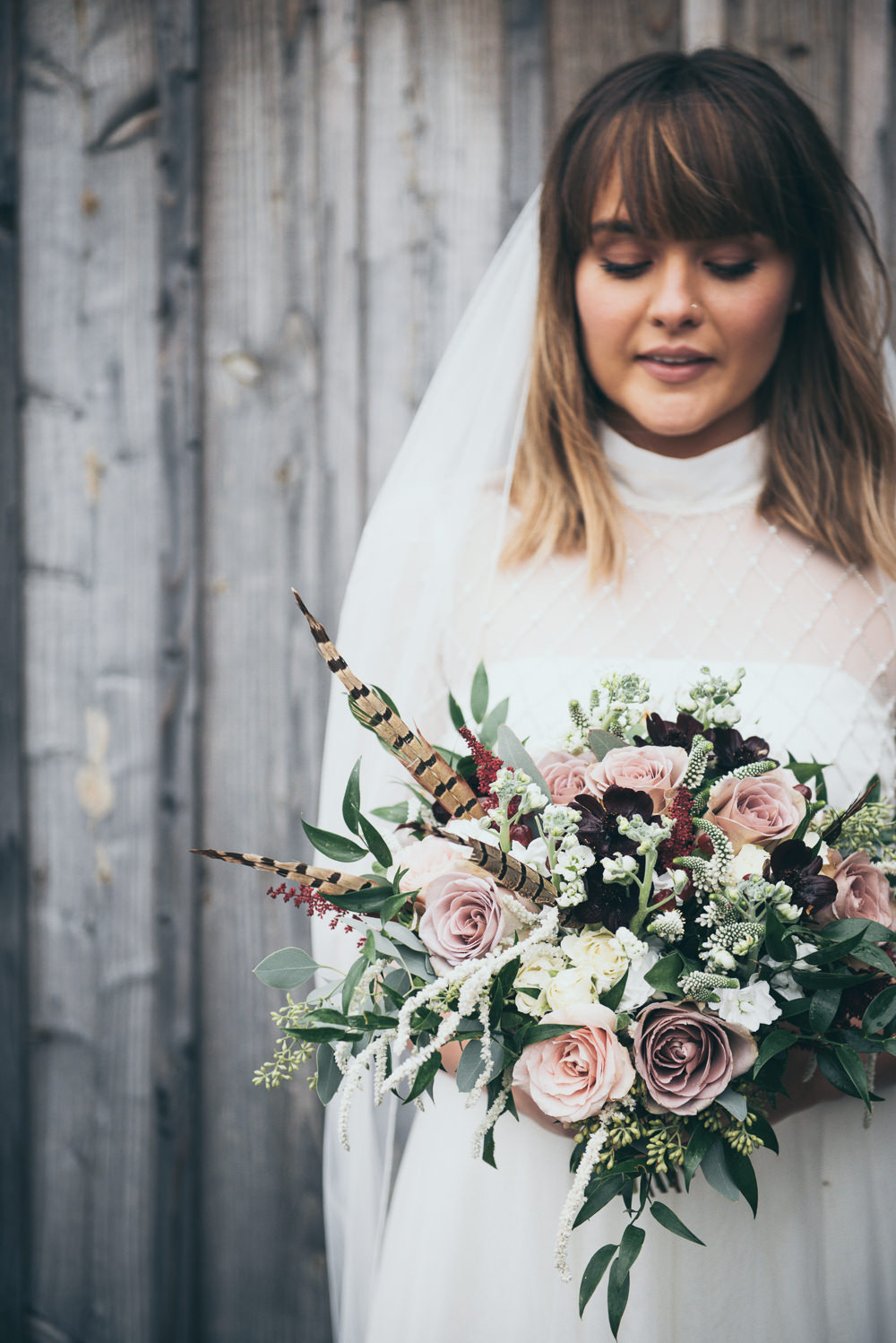 Bouquet Flowers Bride Bridal Dusky Pink Rose Feather Greenery Fron Farm Yurt Retreat Wedding Cat Arwel Photography