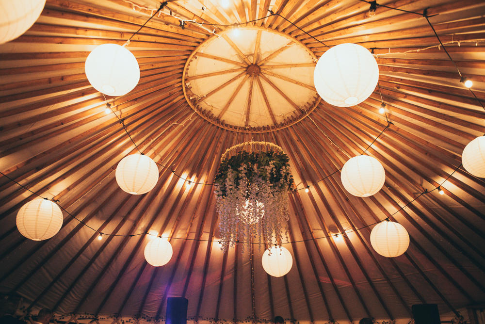 Reception Venue Lanterns Greenery Hoop Fron Farm Yurt Retreat Wedding Cat Arwel Photography