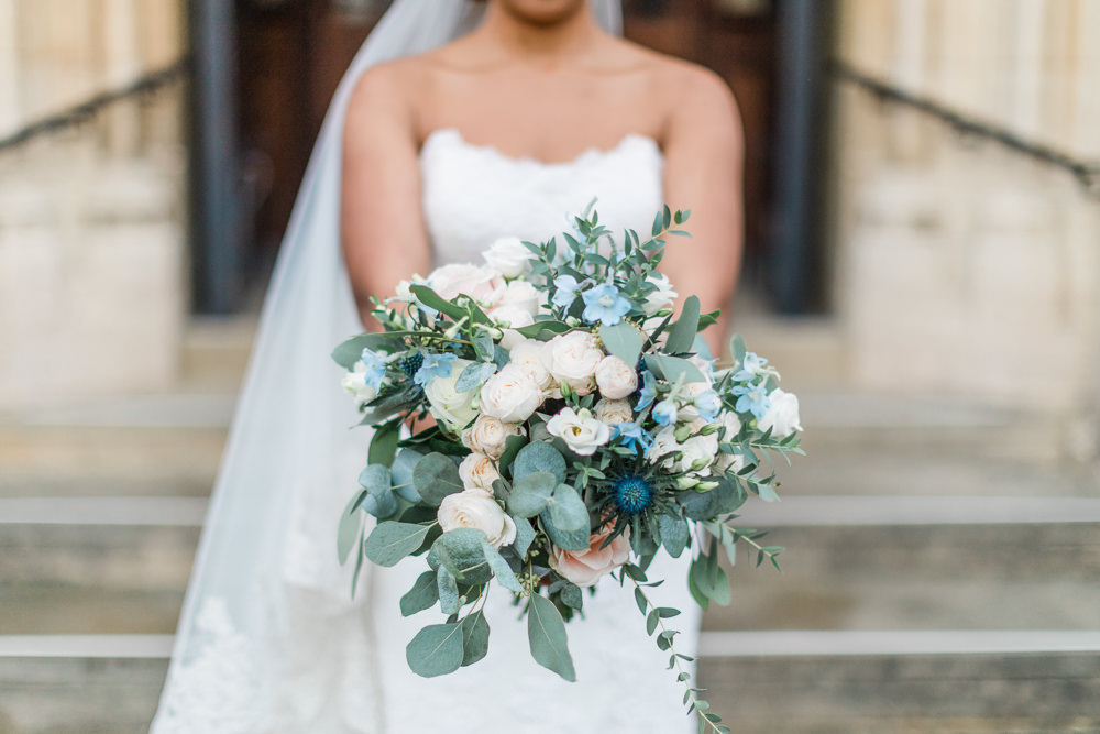 Bouquet Flowers Bride Bridal Eucalyptus Rose Thistle Gate Street Barn Wedding Camilla J Hards