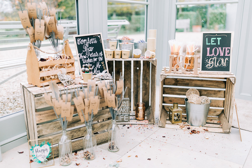 Confetti Bar Sparklers Wooden Crates Gate Street Barn Wedding Camilla J Hards