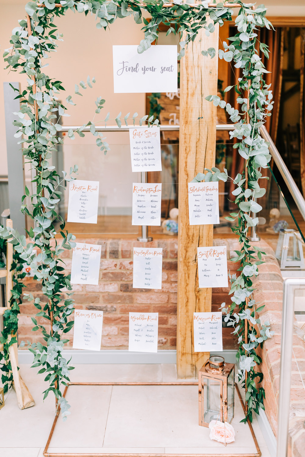 Table Plan Seating Chart Copper Pipe Eucalyptus Greenery Foliage Gate Street Barn Wedding Camilla J Hards