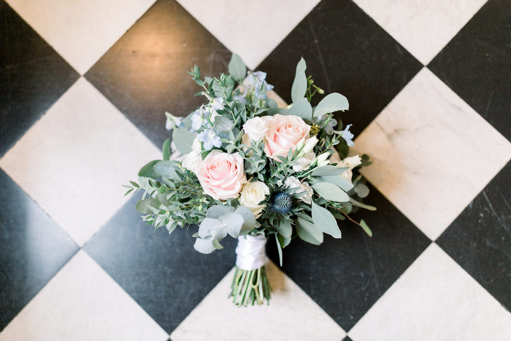 Bouquet Flowers Bride Bridal Eucalyptus Rose Thistle Gate Street Barn Wedding Camilla J Hards