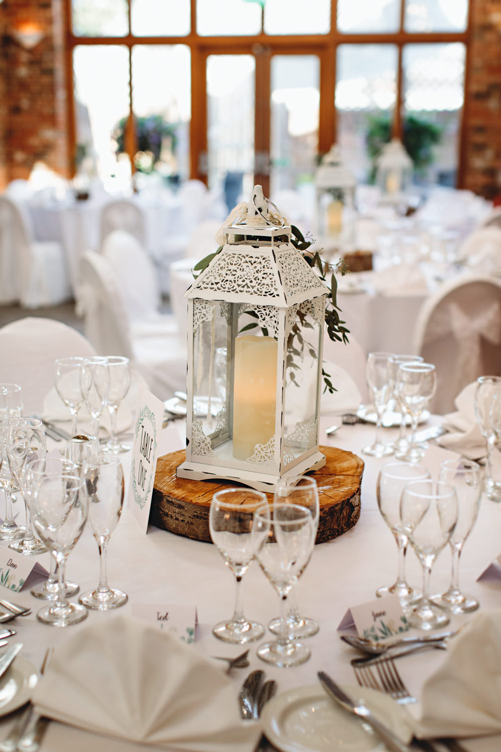 Candle Lantern Log Slice Centrepiece Table Hall Farm Hotel Wedding HBA Photography
