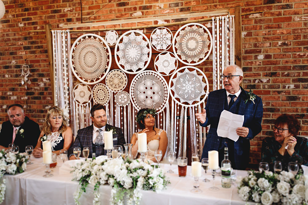 Barn Lanterns Dreamcatcher Backdrop Top Table Hall Farm Hotel Wedding HBA Photography
