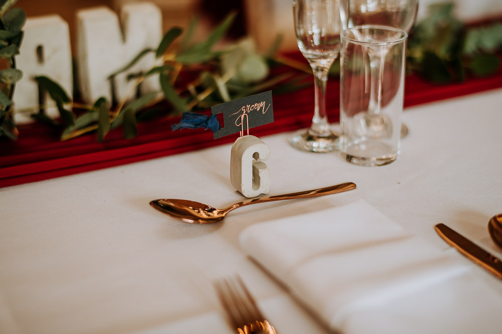 Concrete Place Name Letters Copper Cutlery Place Name Cards Tassels Industrial Homemade Wedding M and G Photographic