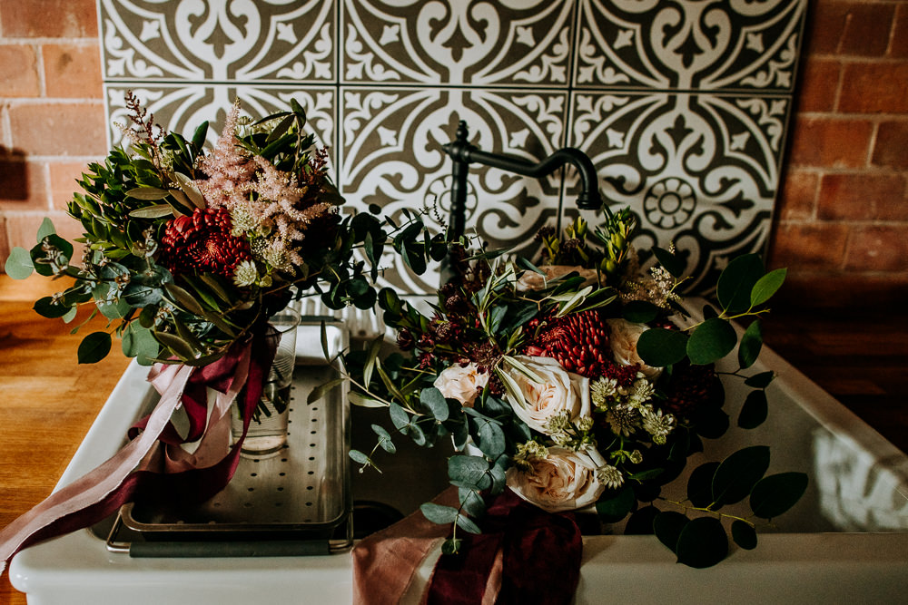 Bouquet Flowers Bride Bridal Bridesmaid Ribbons Garden Rose Burgundy Chrysanthemums Pink Purple Astilbe Eucalyptus Olive Myrtle Industrial Homemade Wedding M and G Photographic