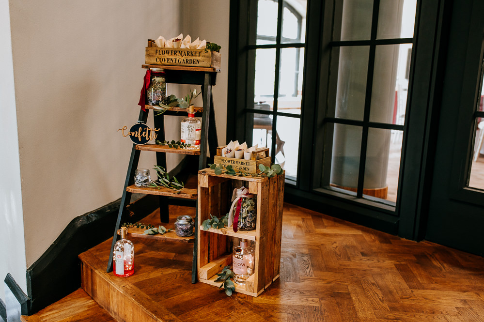 Wooden Crate Ladder Decor Confetti Cones Industrial Homemade Wedding M and G Photographic