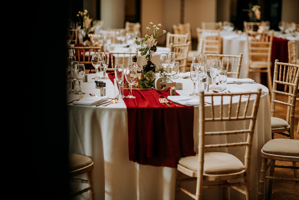 Table Flowers Centrepiece Red Burgundy Runner Table Cloth Industrial Homemade Wedding M and G Photographic