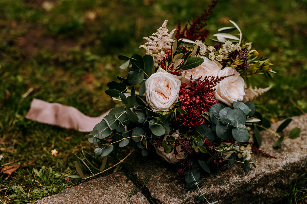 Bouquet Flowers Bride Bridal Bridesmaid Ribbons Garden Rose Burgundy Chrysanthemums Pink Purple Astilbe Eucalyptus Olive Myrtle Industrial Homemade Wedding M and G Photographic