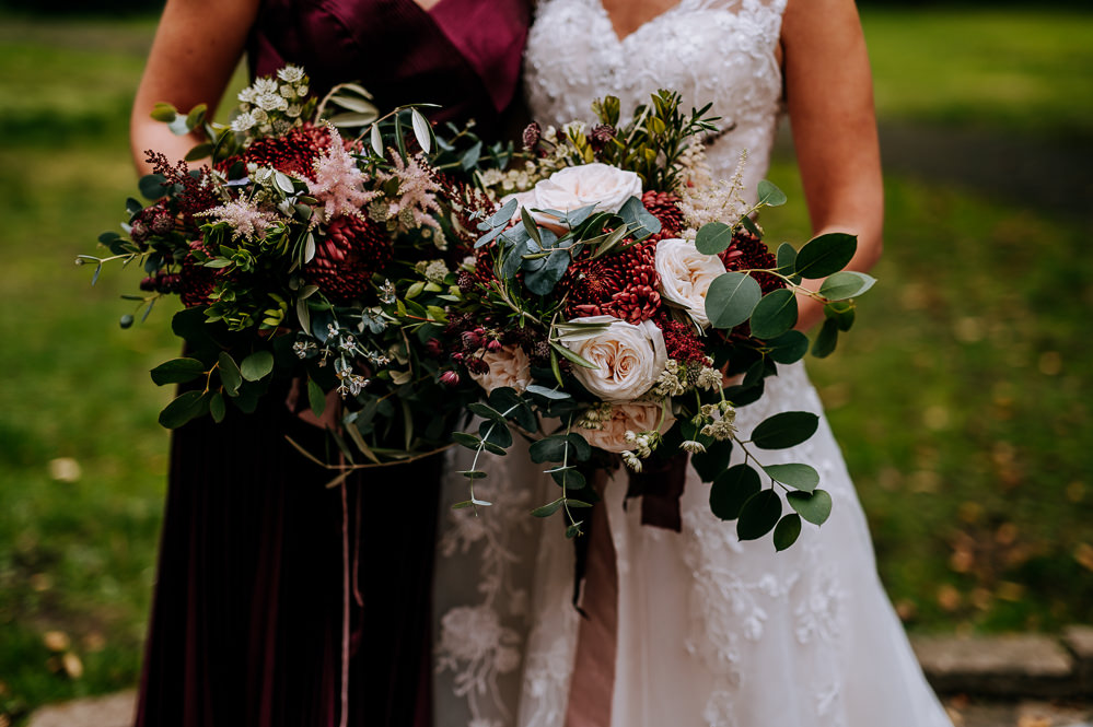 Bouquet Flowers Bride Bridal Bridesmaid Ribbons Garden Rose Burgundy Chrysanthemums Pink Purple Astilbe Eucalyptus Olive Myrtle Industrial Homemade Wedding M and G Photographic