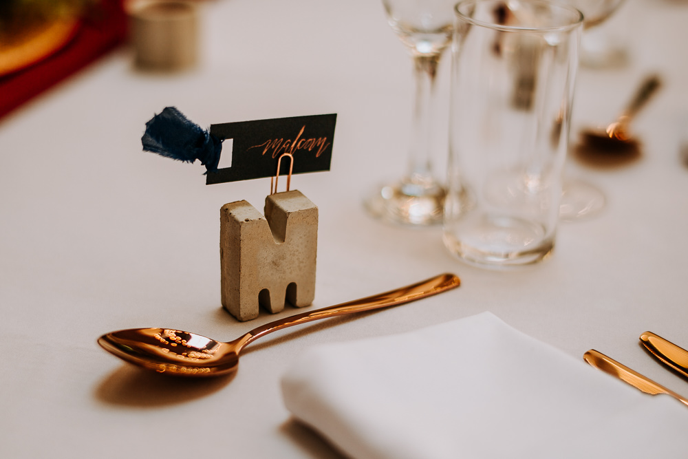 Concrete Place Name Letters Copper Cutlery Place Name Cards Tassels Industrial Homemade Wedding M and G Photographic