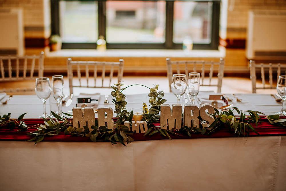 Concrete Letters Top Table Greenery Foliage Industrial Homemade Wedding M and G Photographic