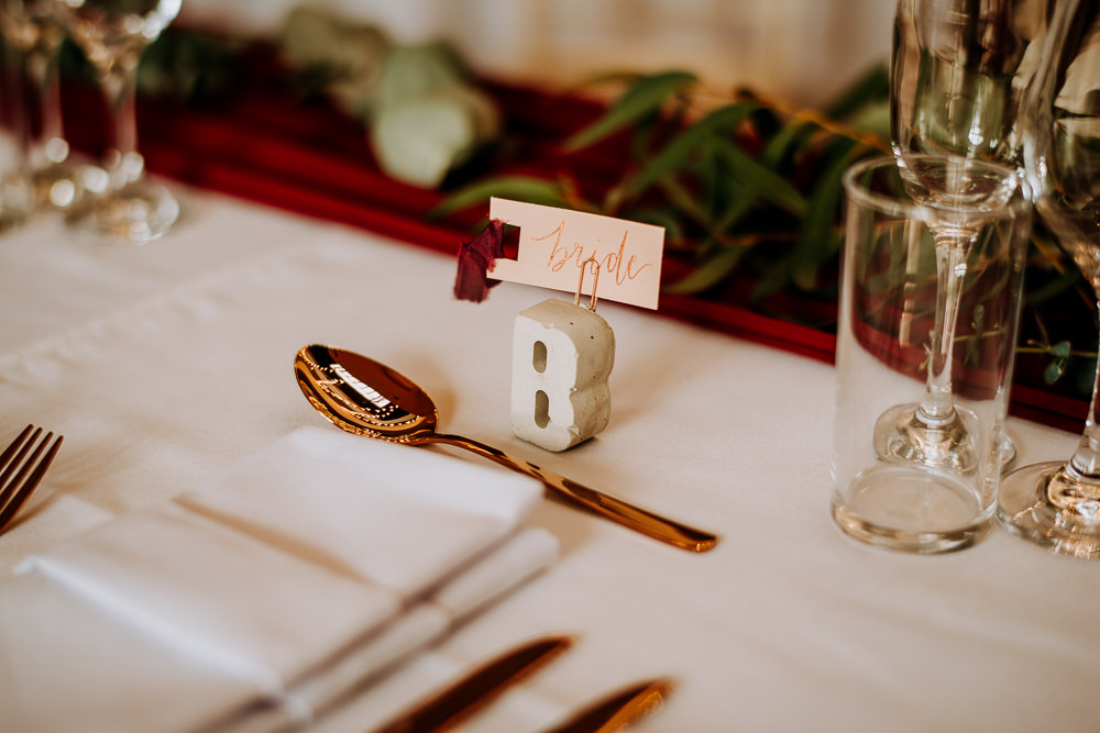 Concrete Place Name Letters Copper Cutlery Place Name Cards Tassels Industrial Homemade Wedding M and G Photographic